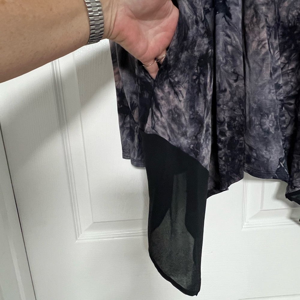 LOGO by Lori Goldstein Purple and Gray Cardigan Featuring Sheer Hem & Open Back. - Picture 9 of 15